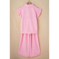 Pink Textured Ruffled Sleeve Zipped Top and Wide Leg Pants Set - XL thumbnail