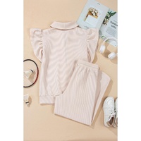 Apricot Textured Ruffled Sleeve Zipped Top and Wide Leg Pants Set - S thumbnail