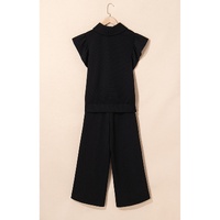 Black Textured Ruffled Sleeve Zipped Top and Wide Leg Pants Set - XL thumbnail