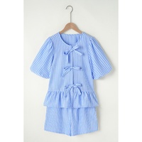 Sky Blue Striped Bowknot Detail Puffy Sleeve Top and Shorts 2Pcs Set - L thumbnail
