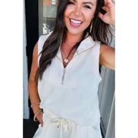 White Textured Half Zip Tank Top Drawstring Shorts Set - S thumbnail