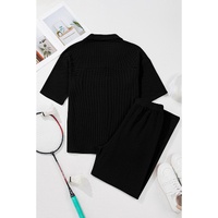 Black Solid Color Textured Buttoned Shirt and Casual Pants Set - M thumbnail