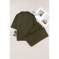 Four Leaf Clover Solid Color Textured Buttoned Shirt and Casual Pants Set - S thumbnail
