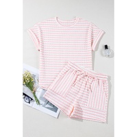Pink Stripe Knitted Short Sleeve Top and Drawstring Shorts Set - L thumbnail