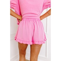 Pink Half Zip Puff Sleeve Top and Ruffled Shorts Set - S thumbnail