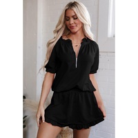Black Half Zip Puff Sleeve Top and Ruffled Shorts Set - XL thumbnail