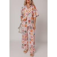 Orange Plant Checkered Print Collared Shirt and Wide Leg Pants Set - M thumbnail