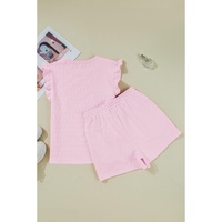 Pink Bow Jacquard Ruffle Sleeve Short 2pcs Outfit - XL thumbnail