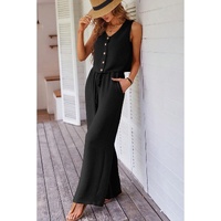 Black Buttoned Vest Drawstring Wide Leg Pants 2pcs Set - M thumbnail