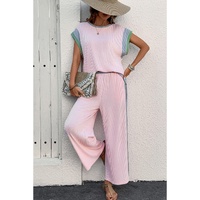 Pink Corded Colorblock Patchwork Short Sleeve Top and Loose Pants Set - M thumbnail