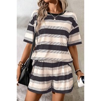 Black Stripe Short Sleeve T Shirt and High Waist Pocketed Shorts Set - M thumbnail
