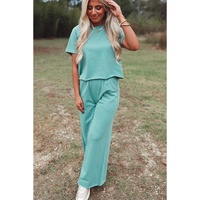 Mint Green Raglan Short Sleeve Tee and Wide Leg Pants Set - L thumbnail
