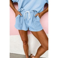 Myosotis V Neck Drop Shoulder Tee and Patchwork Drawstring Shorts Set - L thumbnail