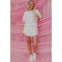 White Contrast Bow Trim Pearl Puff Sleeve Blouse and Skort 2pcs Set - S thumbnail