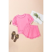 Pink Contrast Bow Trim Pearl Puff Sleeve Blouse and Skort 2pcs Set - L thumbnail