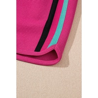 Strawberry Pink Striped Detail Flutter Sleeve Zipped Collar Short Set - M thumbnail
