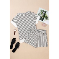 Black Stripe V Neck Tee and Casual Short Set - L thumbnail