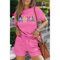 Strawberry Pink Sequined MAMA Letter Graphic Textured Short 2pcs Set - XL thumbnail
