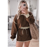 Coffee Color Contrast Loose Pullover and Lace-up Waist Skort Set - XL thumbnail