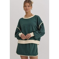 Evergreen Color Contrast Loose Pullover and Lace-up Waist Skort Set - L thumbnail
