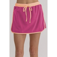 Rose Red Color Contrast Loose Pullover and Lace-up Waist Skort Set - S thumbnail