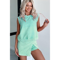 Mint Green 2 Pieces Mineral Wash Cotton Tank Top Lined Split Skirt Set - XL thumbnail
