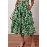 Green Floral Print Shirred Crop Top and High Waist Midi Skirt Set - M thumbnail