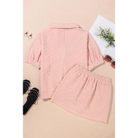 Light Pink Striped Collared Zip up Textured Skirt Set - M thumbnail