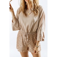 Azura Exchange Khaki Sequin Patchwork Drawstring High Waist Romper - M thumbnail