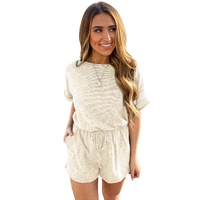 Azura Exchange Beige Ribbed Elastic Waist Romper - L thumbnail