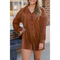 Ribbed Long Sleeve Button Front Romper - L thumbnail
