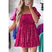 Rose Red Short Puff Sleeve Sequin Babydoll Romper - XL thumbnail