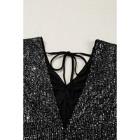 Black Sequin V Neck Flutter Sleeve Wide Leg Jumpsuit - L thumbnail