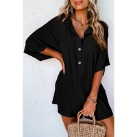 Black Half Button Collared Loose Romper - M thumbnail