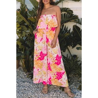 Multicolour Floral Print Ruffled High Waist Tube Top Loose Jumpsuit - L thumbnail