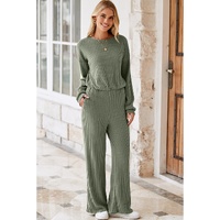 Laurel Green Solid Ribbed Knit Keyhole Back High Waist Jumpsuit - L thumbnail