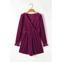 Red Dahlia Velvet Surplice Neck Ruffled Sleeve High Waist Romper - S thumbnail