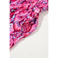 Pink Abstract Print Puff Sleeve V Neck High Waist Romper - L thumbnail