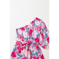 Pink Floral Print Asymmetrical Neckline Single Shoulder Drape Sleeve Belted Jumpsuit - L thumbnail
