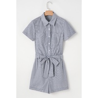 Blue Stripe Chest Pockets Buttoned Belted High Waist Romper - L thumbnail