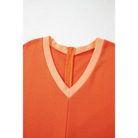 Russet Orange Two-tone Short Sleeve V Neck Patched Pocket Loose Romper - L thumbnail