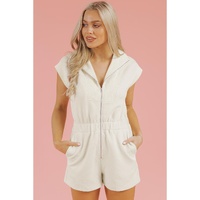 Jet Stream Textured Zipped Front V Neck Collared Casual Romper - L thumbnail