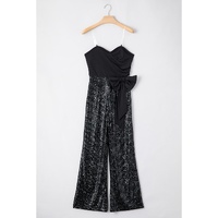 Black Sequined Tube Top Waist Knot Wide Leg Jumpsuit - S thumbnail