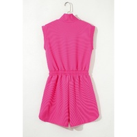 Rose Red Textured Short Sleeve Half Zip Drawstring Waist Romper - M thumbnail