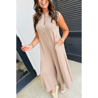 Smoke Gray Textured Buttoned Wide Leg Sleeveless Jumpsuit - L thumbnail