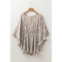 Gray Star Print Crinkle Textured Kimono Ruffle Sleeve Romper - S thumbnail