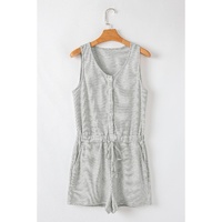 Light Grey Waffle Knit Sleeveless Buttoned Front Drawstring Waist Romper - L thumbnail