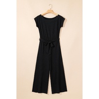 Black Checkered Mesh One Shoulder Short Sleeve Knotted Waist Jumpsuit - XL thumbnail