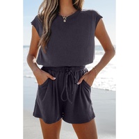 Bristol Black Knit Open Back Cap Sleeve Drawstring Romper - L thumbnail