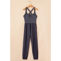 Carbon Grey Back Crossed Straps Hollow Out Jogger Jumpsuit - L thumbnail